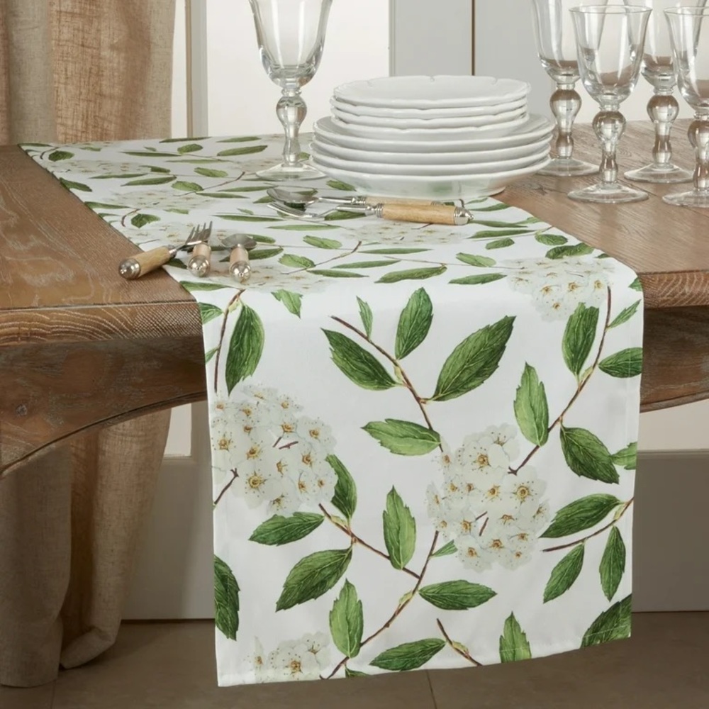 Floral Table Runner with Green Leaves